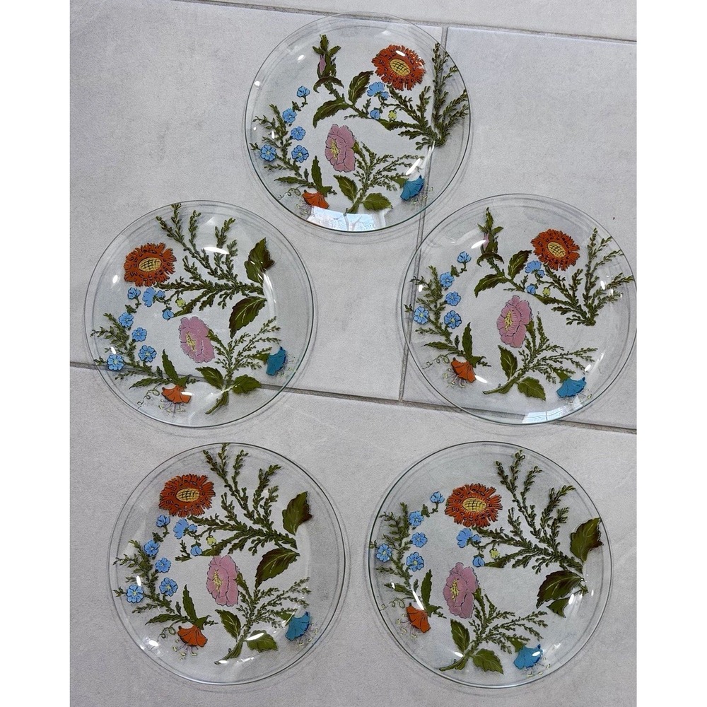 Vintage Arcoroc France Dorothy Thorpe Style Wildflower Plates ~7 inch, Set of 5